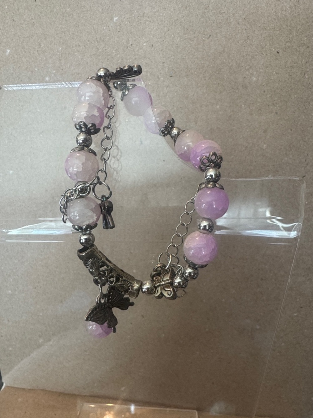 Silver-Tone Pink Beaded Charm Bracelet